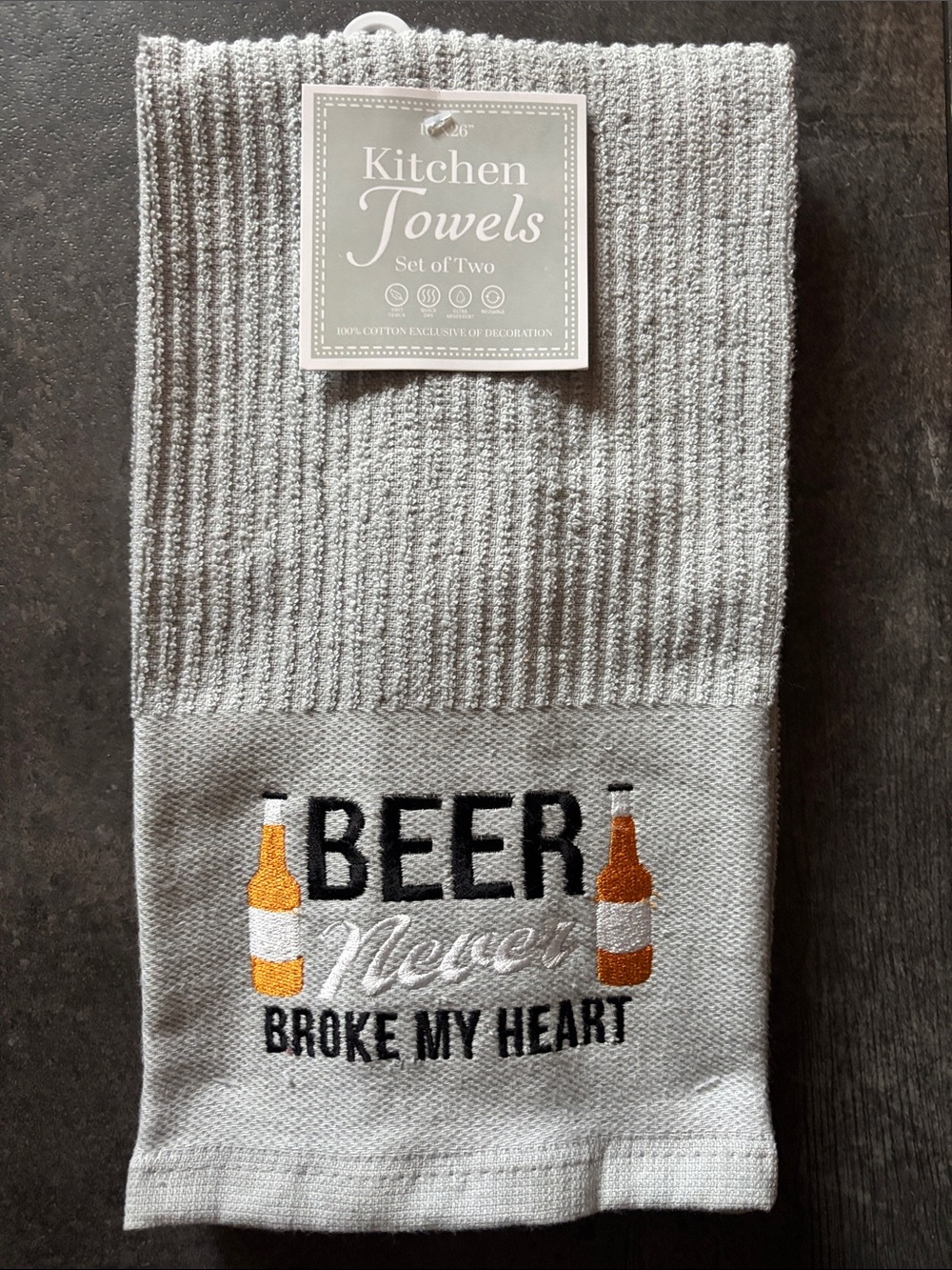 Gray 'Beer Never Broke My Heart' Embroidered Kitchen Towel - Set of Two